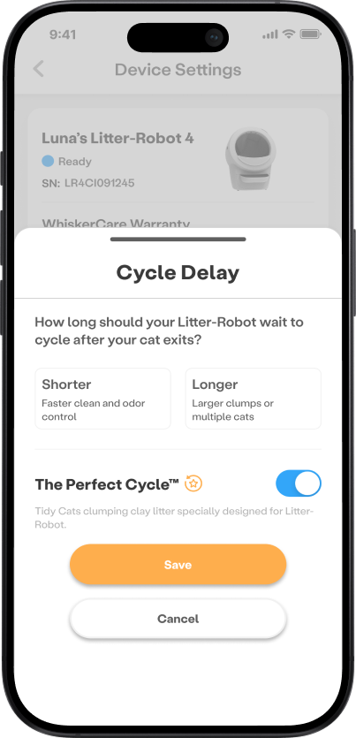 Whisker app Cycle Delay Settings Perfect Cycle screen